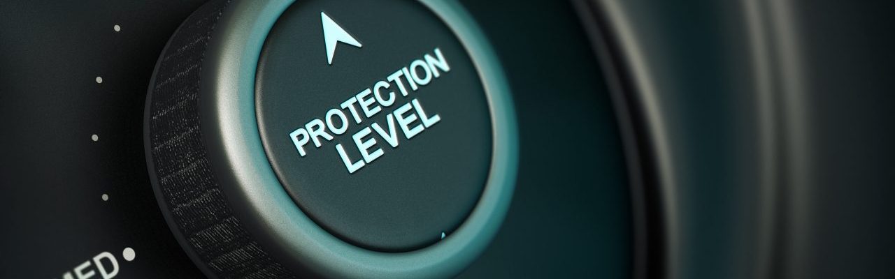 Protection level protection level button with low, medium and high positions, button is positioned in the highest position, black and blue background, blur effect