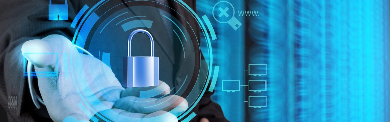 businessman hand showing 3d padlock on touch screen computer as businessman hand showing 3d padlock on touch screen computer as Internet security online business concept